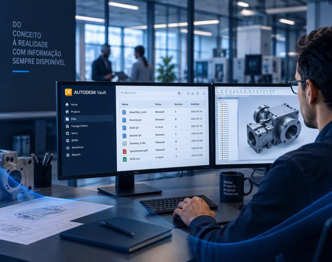 Engenheiro a gerir ficheiros CAD e revisões no Autodesk Vault