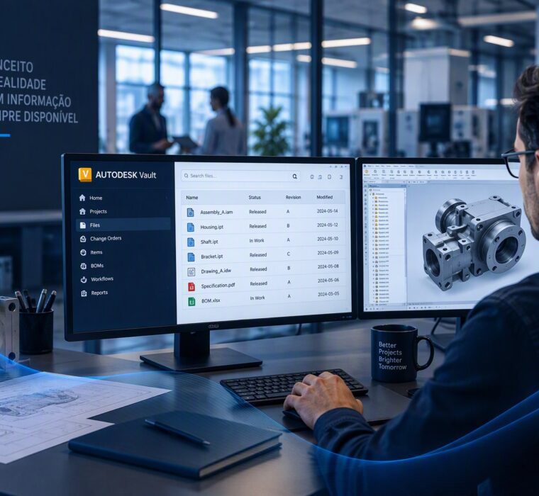 Engenheiro a gerir ficheiros CAD e revisões no Autodesk Vault