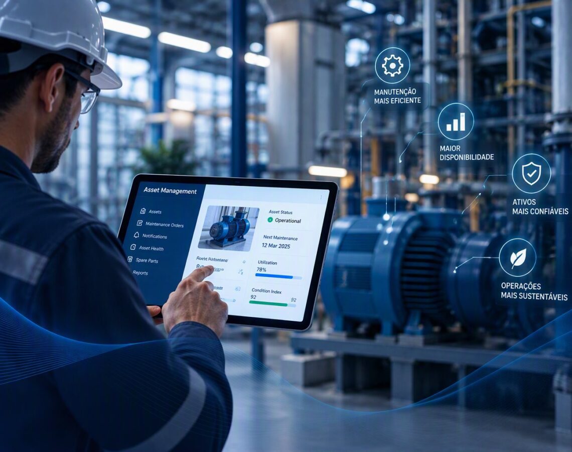 Técnico de manutenção a consultar o estado de um equipamento industrial num tablet com SAP PM