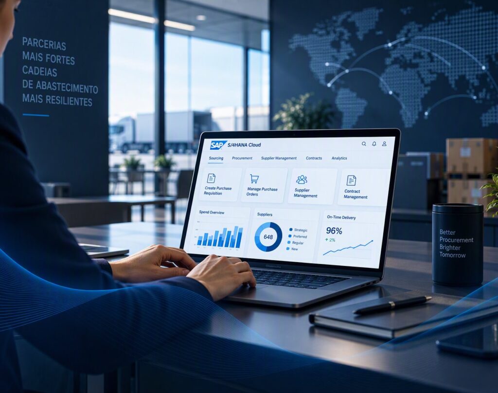 Profissional de compras a usar o SAP S/4HANA Cloud para sourcing e gestão de fornecedores