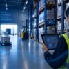 Operadora de armazém a gerir movimentos de stock num tablet com SAP Warehouse Management