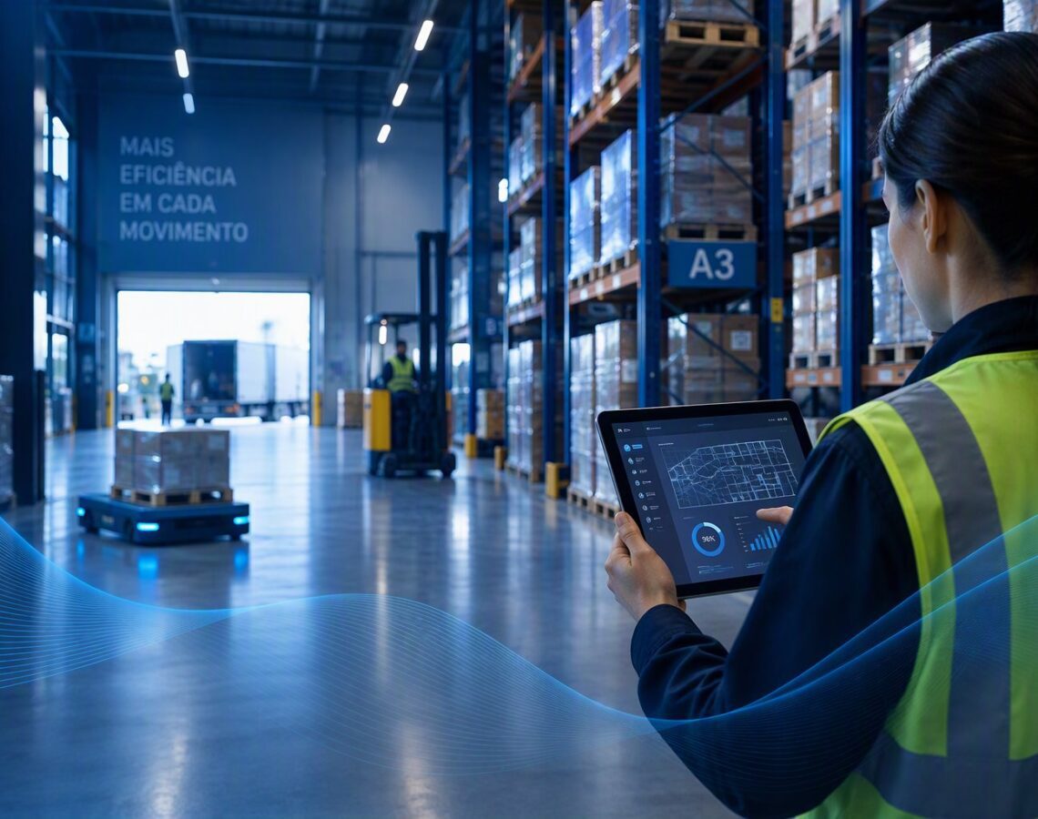Operadora de armazém a gerir movimentos de stock num tablet com SAP Warehouse Management